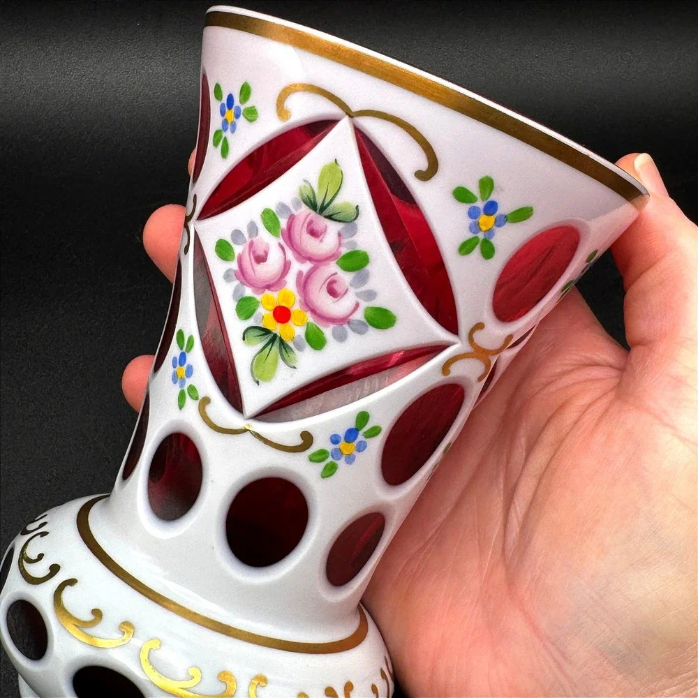 Vintage Bohemian Czech Ruby Cut to Clear White Overlay Floral Glass Vase 6